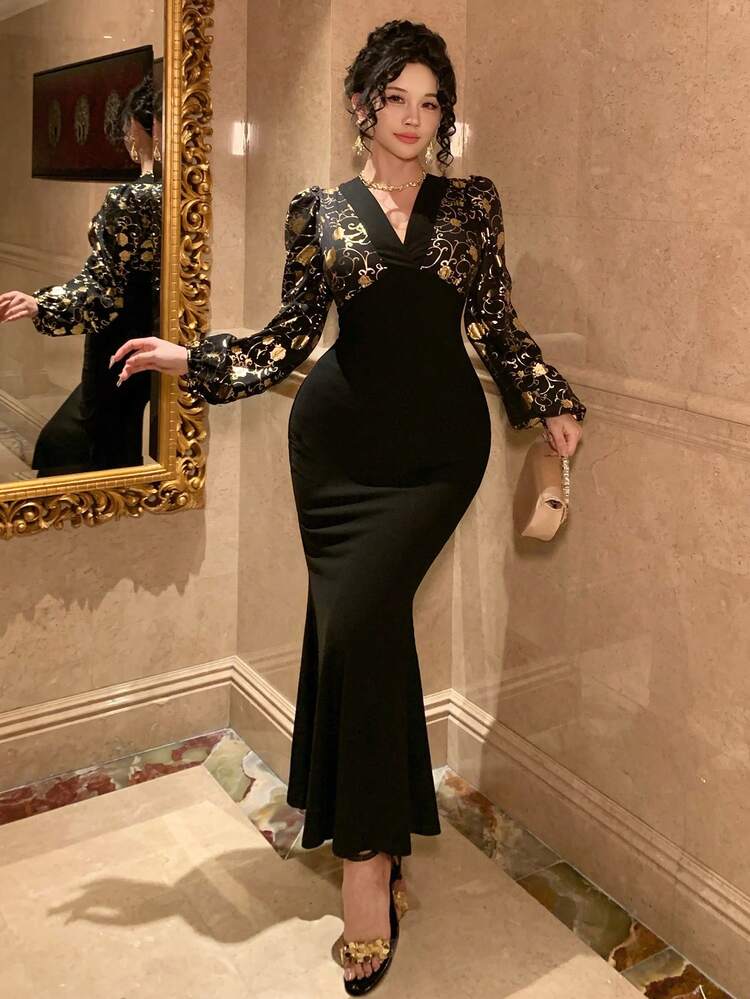 Women's V-Neck Printed Patchwork Long Sleeve Waist Cinched Elegant Dress Sundress