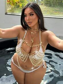 Swim SXY Áo khoác ngoài gợi cảm, thời trang, cổ yếm đính ngọc trai, cỡ lớn. - Vàng - Xem 4