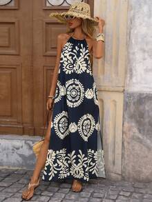 Brillora 女士露背流苏系带高开衩休闲印花沙滩度假连衣裙 - 藏蓝色 - 查看 6