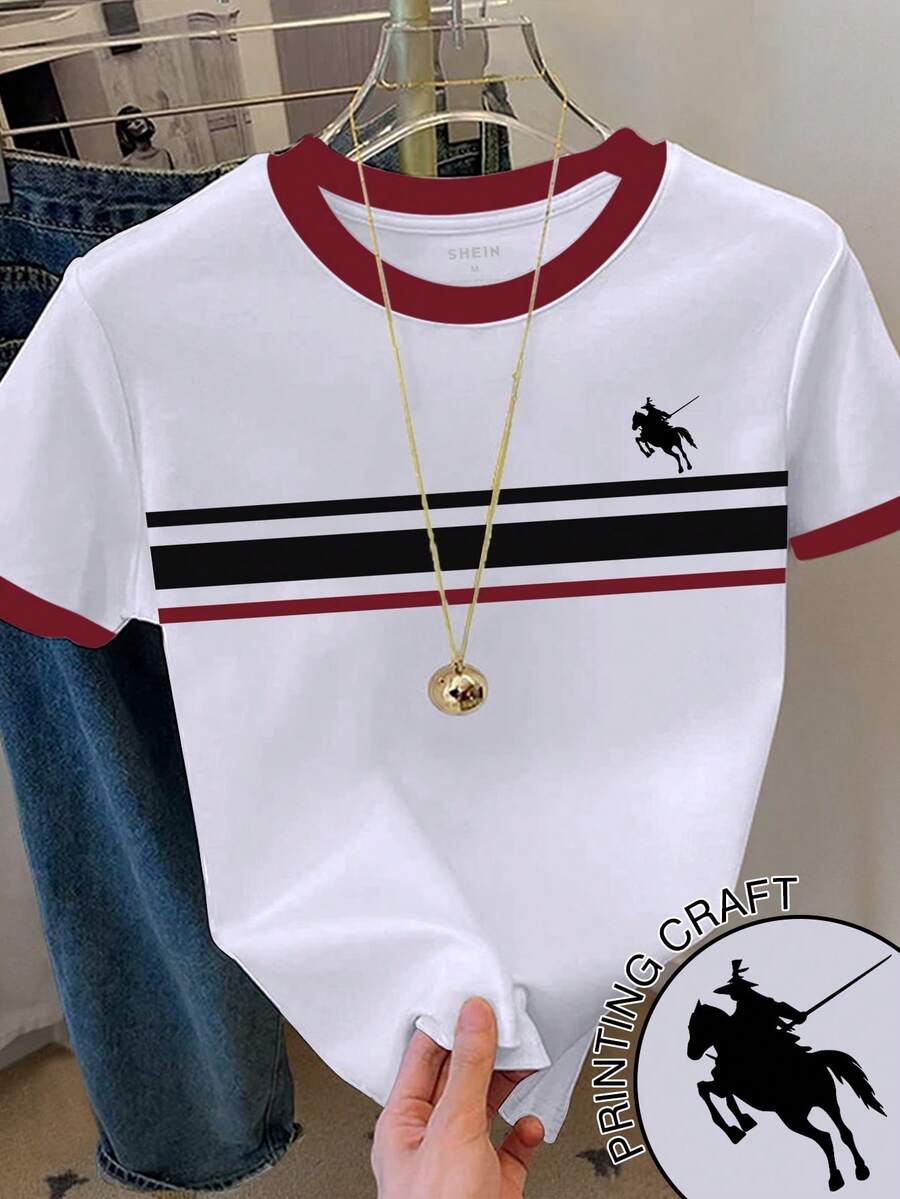 Resyla 女士撞色条纹印花短袖休闲圆领T恤 - 白色 - 查看 1