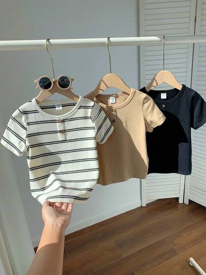 SHEIN 3pcs Buy 2 Get 1 Free Kids Boys Casual Comfortable Striped Crew Neck Short Sleeve T-Shirt Multipack, White Tee, Khaki Tee, Black Tee, Basic Top, Y2K Set, Young Boy Clothes, Boys Outfit Kids Set, Suitable For Spring Summer, Outings, Valentine's Day, Dates, Travel, Vacation, Family Gatherings, Back To School, Weddings, Evenings, Sports, Birthday Parties
