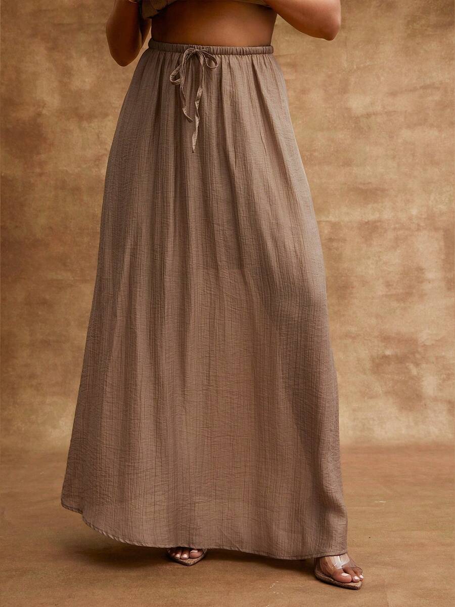 Vixey Textured Woven Drawstring Waistband Flowy Maxi Skirt - Camel - View 1