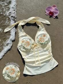 Summer Fashion Beach Vacation Embroidered Lace Trim Women Halter Neck Camisole - Apricot - View 1