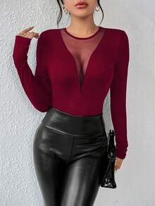 RosyDaze Petite 女款網格拼接透視長袖T恤，適合嬌小女性 - 酒紅色 - 查看 3