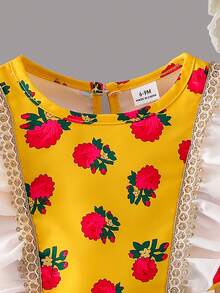 Conjunto de 2 piezas de camiseta de manga larga con encaje floral y cinta dorada, y falda con estampado floral ditsy, para niñas pequeñas, esencial de viaje de verano, moda suave y esponjosa, 2026 - Amarillo - Ver 7