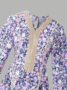 Teen Girls' Elegant Floral V-Neck Long Dress,Middle Eastern Style Purple Autumn Party Gown With Gold Accessories,Spring Summer Pink White Maxidress - Purple - View 7