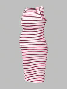 Modmama Maternity Solid Color + Striped Print Round Neck Fitted Sleeveless Dress - Red - View 7