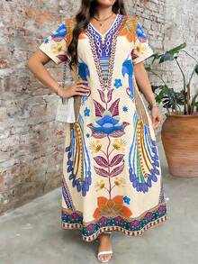 EMERY ROSE Plus Size Women's Printed Round Neck Short Sleeve Dress, Elegant And Suitable For Everyday Wear - Multicolor - View 3