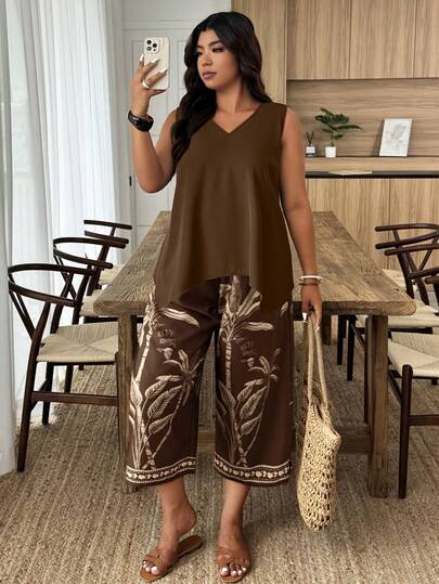 Weeklong Plus Size Women Summer Casual Vacation V-Neck Asymmetric Hem Sleeveless Top And Tropical Print Wide Leg Cropped Pants Set
