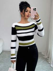 SHEIN Elenzya Élégant pull tricoté slim à manches longues et épaules dénudées pour femmes, multicolore. Convient pour le travail, l'automne/l'hiver - Vert - Voir 6