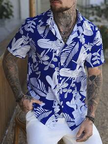 EGENSIO Camisa de verano de manga corta con botones delanteros y estampado hawaiano azul marino de moda - azul real - Ver 6