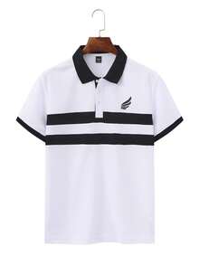 Manfinity Homme Men's Striped Casual Short Sleeve Half-Placket Polo Shirt, Summer - White - View 3