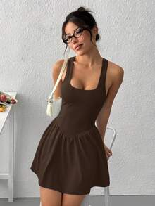 SHEIN EZwear 纯色宽肩带运动连衣裙配短裤泳装女装棕色吊带裙棕色连体裤女式棕色夏季连衣裙棕色性感连衣裙棕色连体裤连衣裙棕色连衣裙女式棕色连体裤棕色沙滩裙女式连衣裙棕色网球裙女装连衣裙女式连体裤夏季女式连体裤 - 巧克力棕 - 查看 7