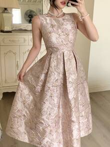 DAZY 女士优雅印花无袖中长连衣裙，夏季婚礼宾客礼服 - 粉色 - 查看 3