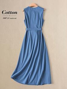 Rusticease Đầm không tay đơn sắc tối giản dành cho nữ, thích hợp mặc hàng ngày. - Xám Xanh - Xem 2