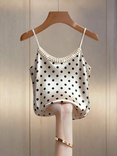 Franclia Fashionable Casual Polka Dot Print Beaded Camisole, Suitable For Summer, Spring, Valentine's Day, Romantic, Dating, Beach, Wedding, Birthday, Outing, Elegant, Leisure, Vacation Polkadot Top Pearl Trim Top Camisole Top Satin Top Cute Top Sleeveless Top Silk Camisole Pearl Top Dress Top Polkadot Milkmaid Top Cute Tops