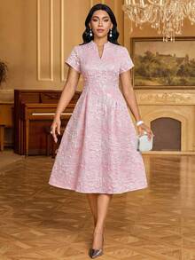 SHEIN Lady Women's Elegant Jacquard Cutout Neck Waist Midi Dress, Summer - Pink - View 5