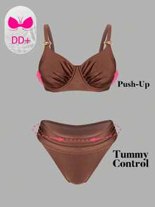 Swim DD+ Women Solid Color Spaghetti Strap Gold Decor Triangle Bikini 2 Pieces Swimwear Set - Coffee Brown - View 2