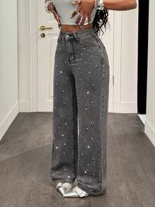 Slaydiva Women's Rhinestone-Embellished Gray Slant Pocket Casual Jeans - Grey - View 3