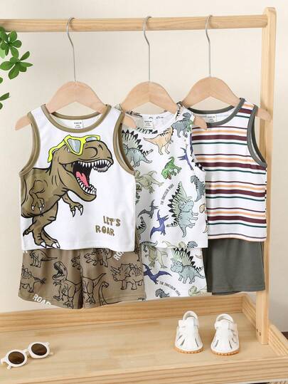 SHEIN 6pcs/Set Unisex Baby Casual Cute Cartoon Print Knit Vest & Shorts Set, Summer Outfit