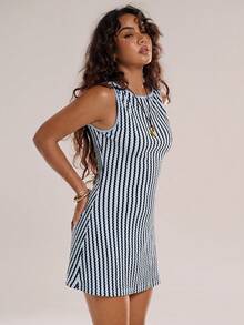 Avantive 女士圆领无袖条纹时尚迷你连衣裙，夏季 - 淺藍色 - 查看 6