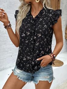 SHEIN LUNE Áo kiểu nữ cổ chữ V in hoa, tay ngắn, kiểu dáng thường ngày, đa năng. - màu đen - Xem 5