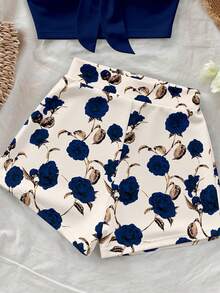 Soleia Set de top bandeau de unicolor y shorts estampados para mujer, 2 piezas - Azul - Ver 8