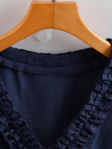 GlowEve Woven Linen-Like Fabric V-Neck Ruffle Trim Waist Shirt, Elegant Commuter Blouse, Vacation Outfits For Women - Navy Blue - View 6