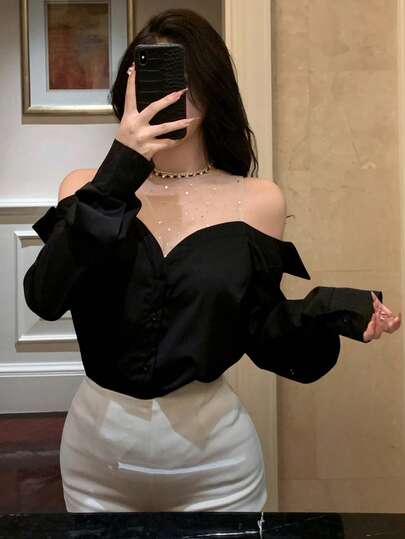 DAZY Women's Sequin Patchwork Off-Shoulder Long Sleeve Pullover Blouse, Elegant Resort Style