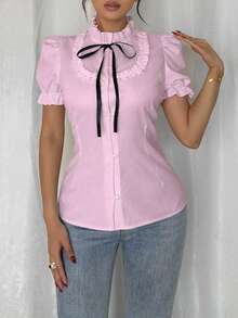 Rafferiza 女士夏季荷叶边弹力袖口蝴蝶结衬衫可爱女式衬衫学院风上衣粉色衬衫蝴蝶结衬衫系带衬衫粉色女式衬衫优雅可爱衬衫女士性感衬衫居家办公服装女士上衣和衬衫Xrlq9女士服装工作衬衫工作服女士夏季衬衫女士可爱衬衫女士休闲上衣女士优雅Polo衫女士休闲 - 粉色 - 查看 4