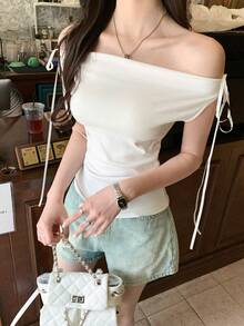 K-Vae Off-Shoulder Tie Bow Draped Fitted Blouse - White - View 7
