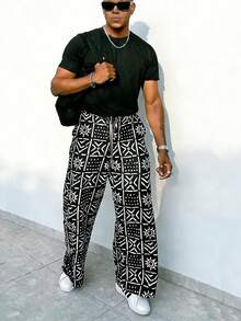Manfinity Dauomo Men's Casual Geometric Print Straight Leg Pants - Black - View 4
