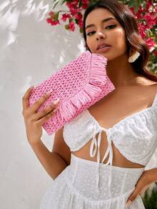 SHECARRY Woven Straw Clutch Bag For Teenagers, Fashionable Clutch Bags For Woman - Baby Pink - View 6