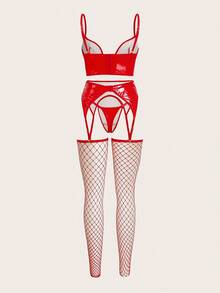 EmpressEnvy Hollow Out Detail Pu Leather Sexy Lingerie Set, Going Out - Red - View 5