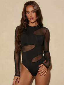 Sirith Women's Fashion Solid Color Mesh Patchwork Long Sleeve Bodysuit - Black - View 3
