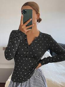 DAZY Ditsy Floral Partial Button-Up Fitted Women's Sleepwear Top - Dark Grey - View 6