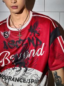 ROMWE MEN Street Life 男士扎染数码印花圆领T恤 - 酒紅色 - 查看 6