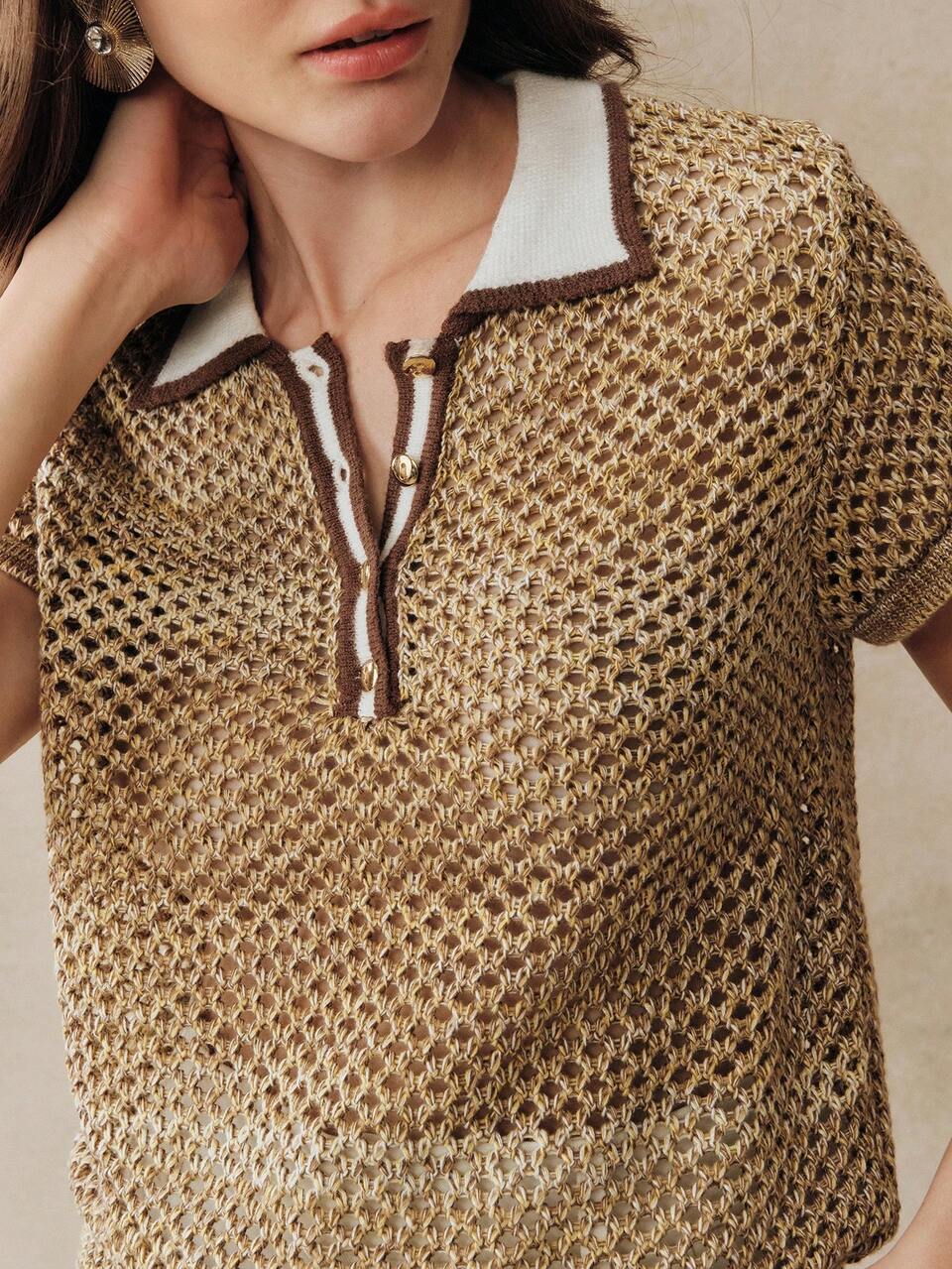 Anewsta Casual Women Geometric Gold Semi-Sheer Hollow Out Knit Top With Collar Short Sleeve Zipper Detail