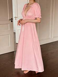 Dream Adore Conjunto de bata y camisón con volantes en el dobladillo y decoración de lazo, camisón sexy, bata de seda rosa, pijama de seda rosa, ropa de dormir para mujer, vestido de pijama rosa - Rosa - Ver 3