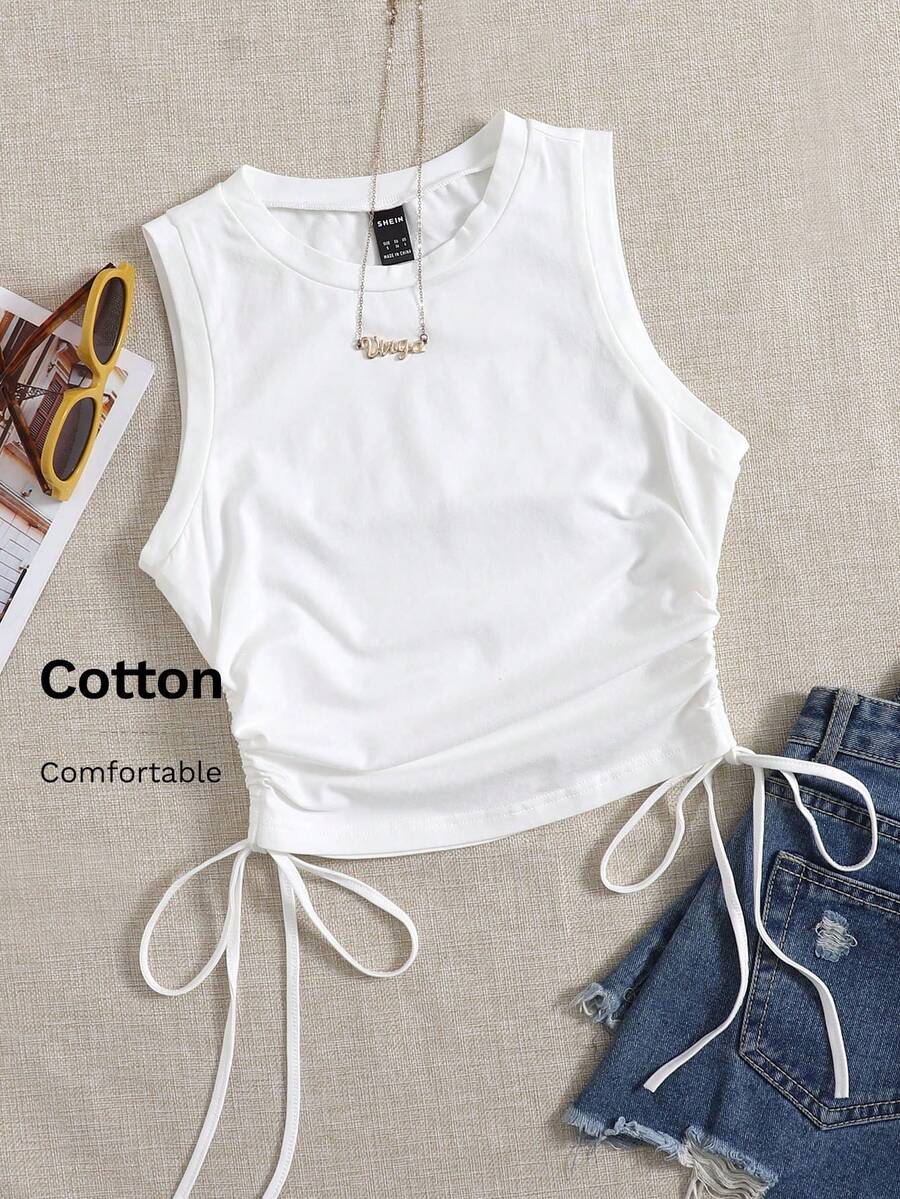 Comfortcana Drawstring Ruched Side Crop White Summer Outfits Back Tank Top - White - View 1