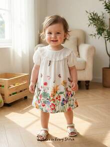 Cozy Pixies Baby Girl Floral Print Round Neck Ruffle Trim Bubble Sleeve Dress - White - View 7