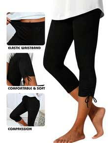 DrmWander Plus Size Women Casual Beach Vacation Style Sea Turtle Print Drawstring Ruched Twist Cropped Skinny Pants - Black - View 1