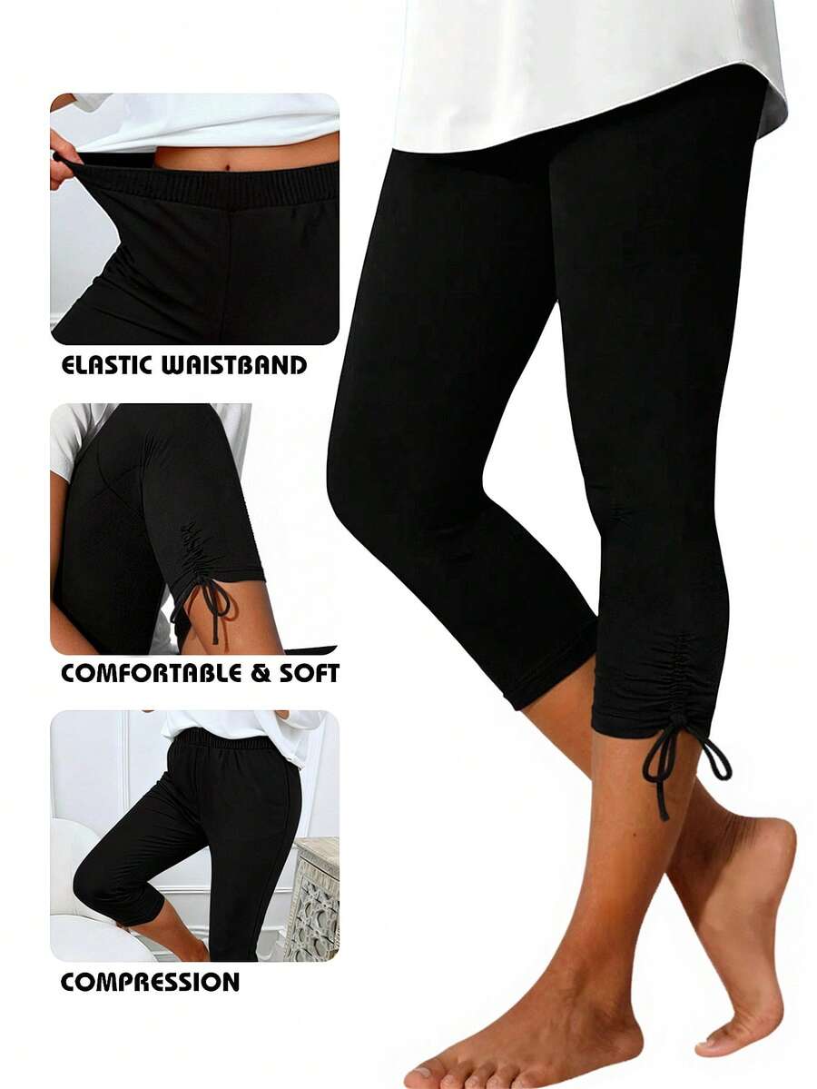 DrmWander Plus Size Women Casual Beach Vacation Style Sea Turtle Print Drawstring Ruched Twist Cropped Skinny Pants - Black - View 1