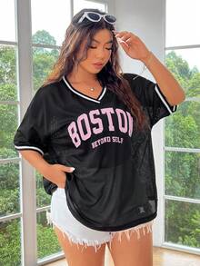 SHEIN EZwear Áo thun cổ chữ V cỡ lớn in chữ và sọc, nhiều màu - Nhiều màu - Xem 3