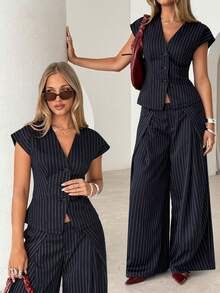 Siren Gaze 女士优雅条纹上衣和宽松长裤两件套 - 藏蓝色 - 查看 3