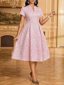 SHEIN Lady Women's Elegant Jacquard Cutout Neck Waist Midi Dress, Summer - Pink - View 3