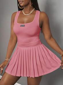 Slaydiva 新款春夏休闲基础款U领露背背心，黑色标签白色文字，百褶裙搭配短裤和阔腿裤，白色针织面料女士迷你连衣裙，百褶迷你连衣裙，网球裙，Y2K风格连衣裙，粉色连衣裙 - 藕粉色 - 查看 5