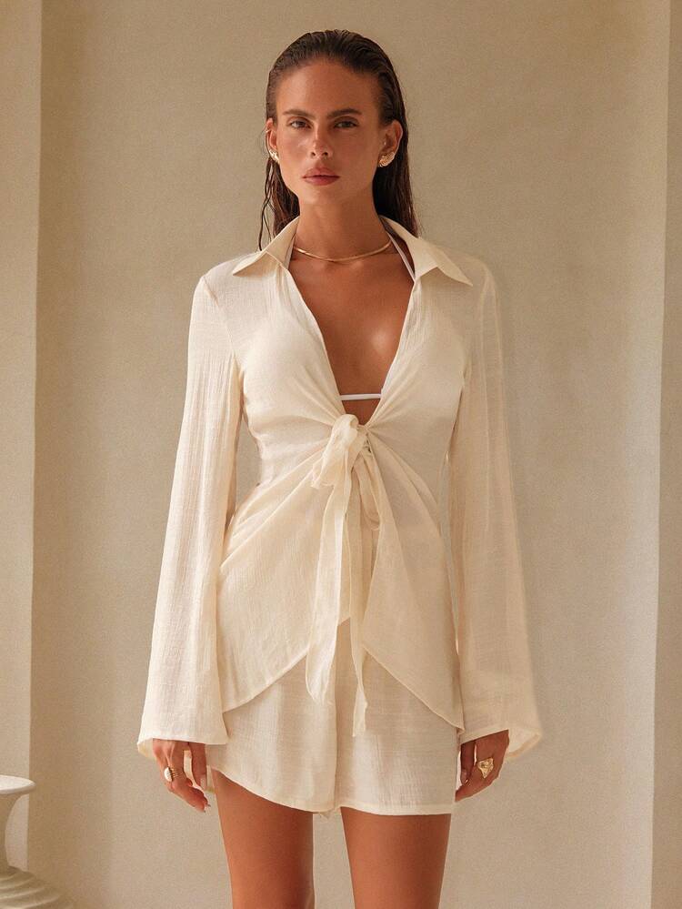 Swim Chiccia Women's Spring/Summer Beach Outfit Set, Tie-Front Flare Sleeve Sexy Top With Shorts, Casual Vacation Coverup Cream Outfit Women White Tie Front Top Cream Tie Front Top Cream Blouse Off White Dresses For Women - Apricot - View 4