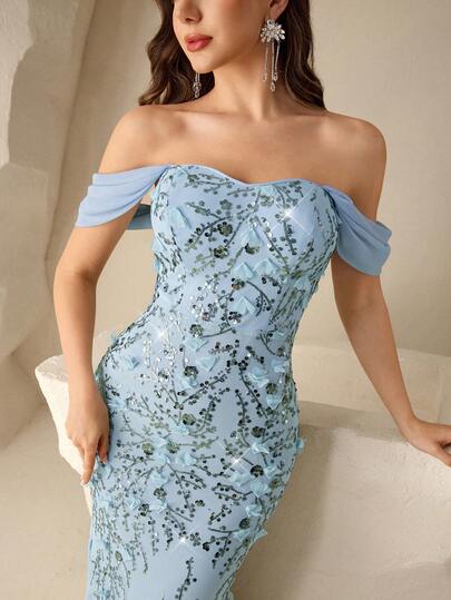 Poshira Elegant Banquet Dress With Off-Shoulder, Beaded Floral Decor, High-End Glittering Fitted Long Dress