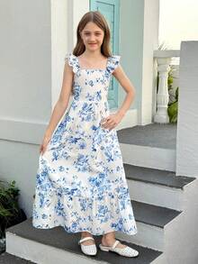 SHEIN Đầm mùa hè cho bé gái tuổi teen, họa tiết hoa xanh trắng, viền bèo nhún, eo thắt, phong cách boho, thích hợp cho kỳ nghỉ biển. - Xanh và trắng - Xem 9